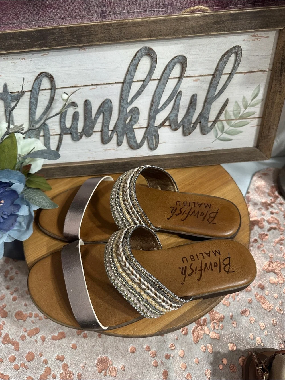 NWOT Beaded Metallic Brinze and rose gold Slide Sandals for Women
